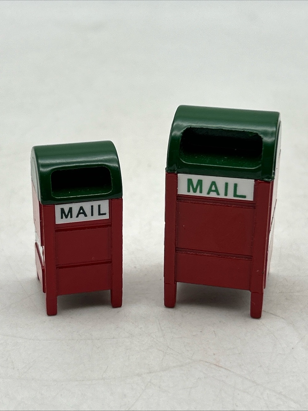 Set If 2 Vtg Christmas Village Miniature Mail Boxes Metal Hand Painted Taiwan
